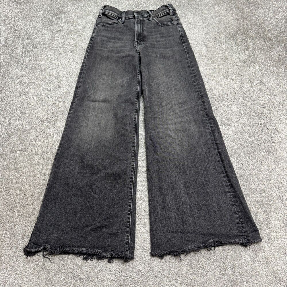 MOTHER The Hustler Roller Ankle Fray Jeans Women 25 Black Wide Leg Flare Stretch